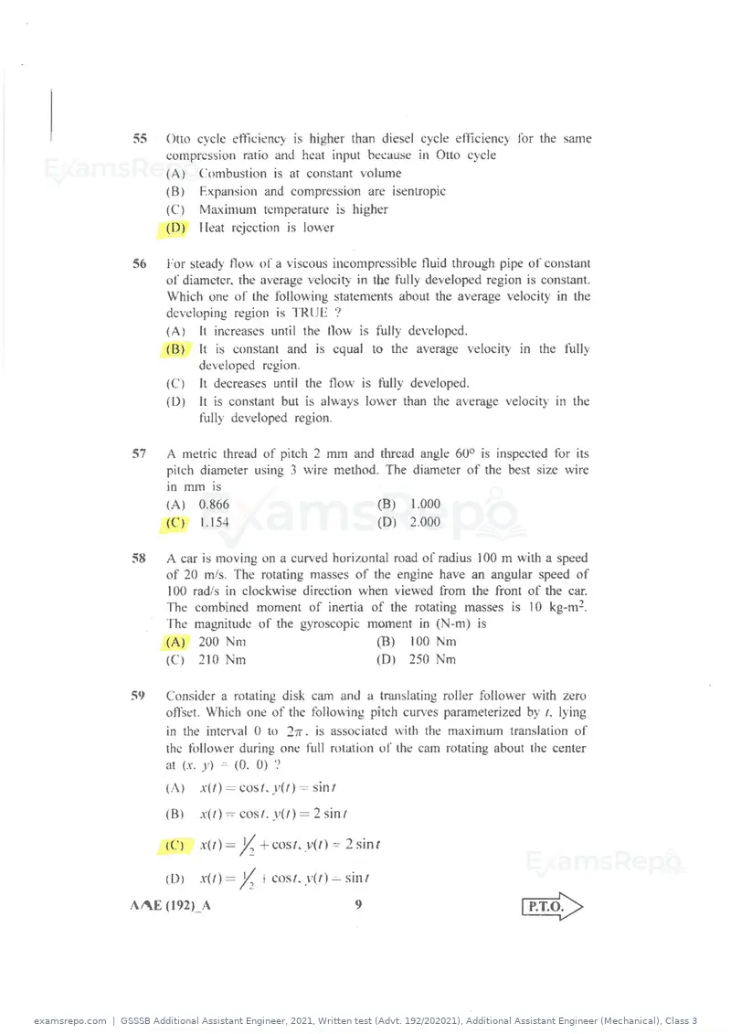 GSSSB Additional Assistant Engineer 2021 question paper, Written test (Advt. 192/202021), Additional Assistant Engineer (Mechanical), Class 3, page 9 of 16