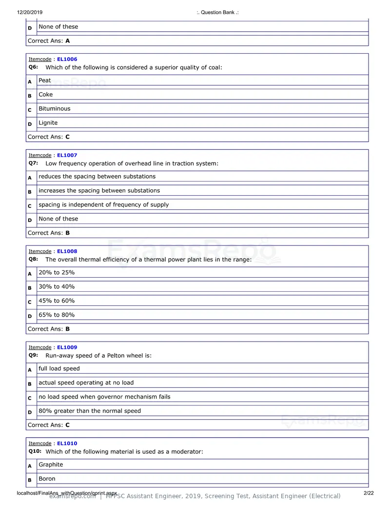 HPPSC Assistant Engineer 2019 question paper, Screening Test, Assistant Engineer (Electrical), page 2 of 22