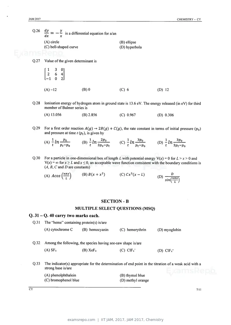 IIT JAM 2017 question paper, JAM 2017, Chemistry, page 6 of 11