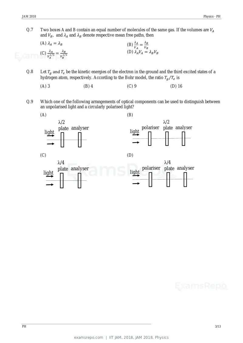 IIT JAM 2018 question paper, JAM 2018, Physics, page 3 of 16