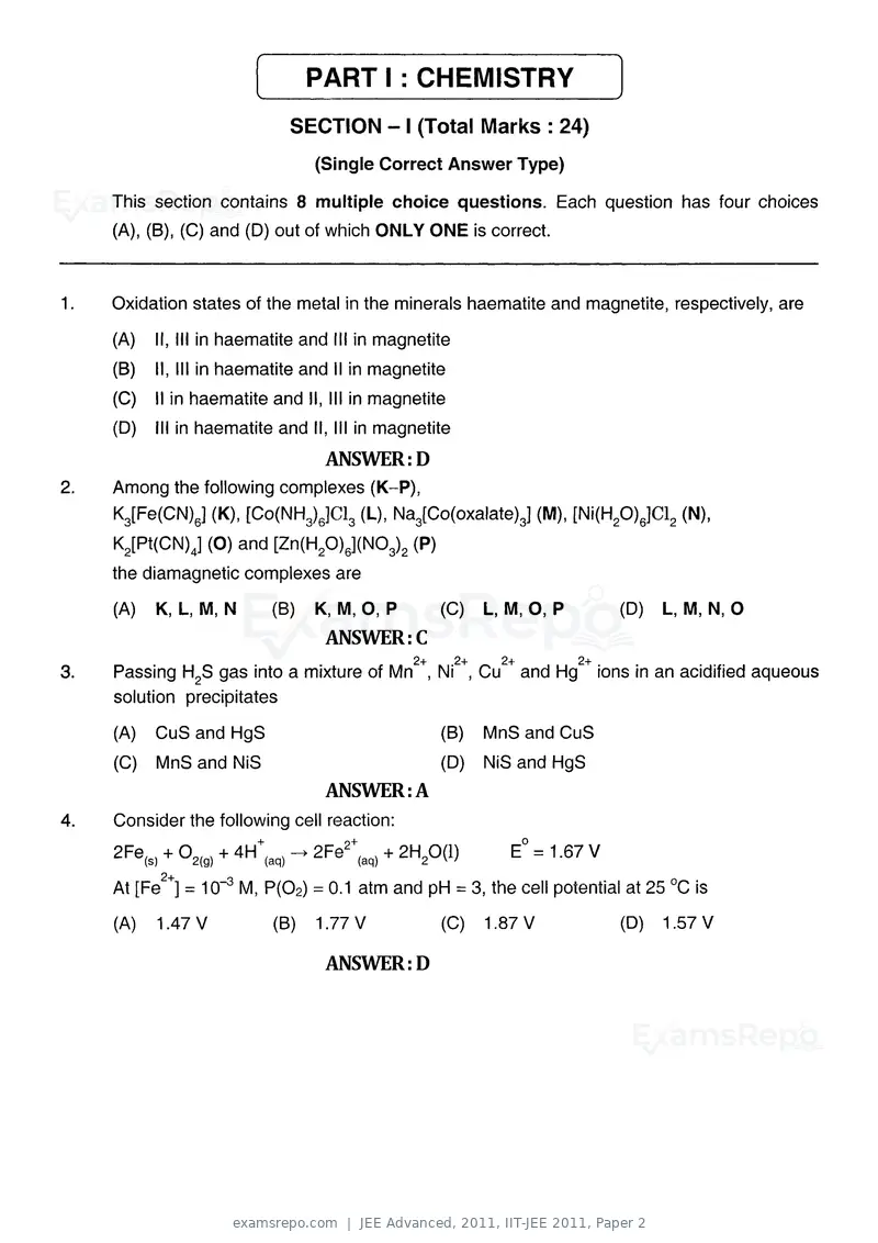 JEE Advanced 2011 question paper, IIT-JEE 2011, Paper 2, page 1 of 26