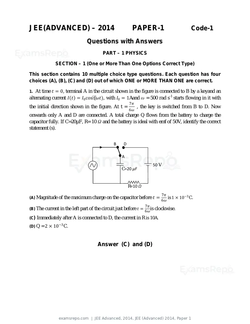 JEE Advanced 2014 question paper, JEE (Advanced) 2014, Paper 1, page 1 of 25