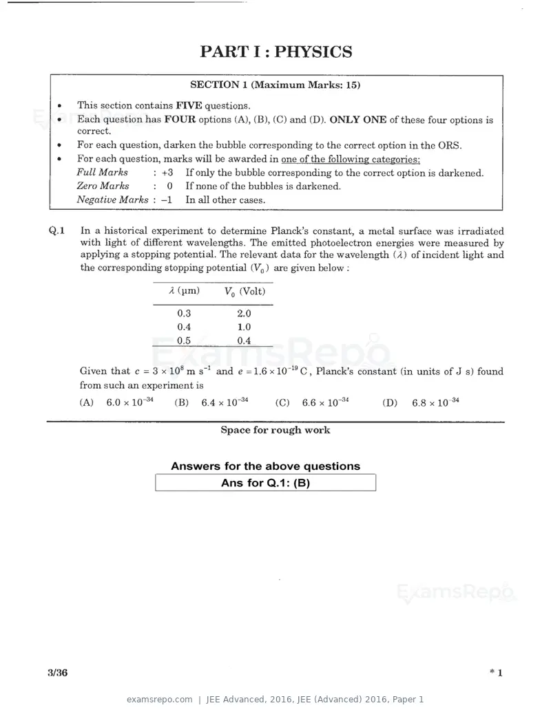 JEE Advanced 2016 question paper, JEE (Advanced) 2016, Paper 1, page 1 of 29