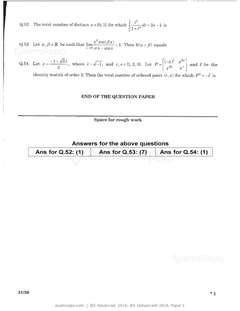 JEE Advanced 2016 question paper, JEE (Advanced) 2016, Paper 1, page 29 of 29