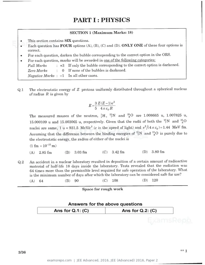 JEE Advanced 2016 question paper, JEE (Advanced) 2016, Paper 2, page 1 of 29