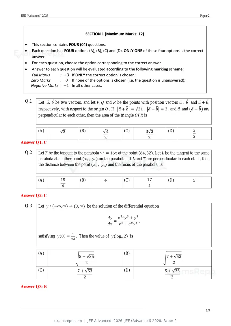 JEE Advanced 2026 answer key, JEE (Advanced) 2026, Paper 2, page 1 of 30