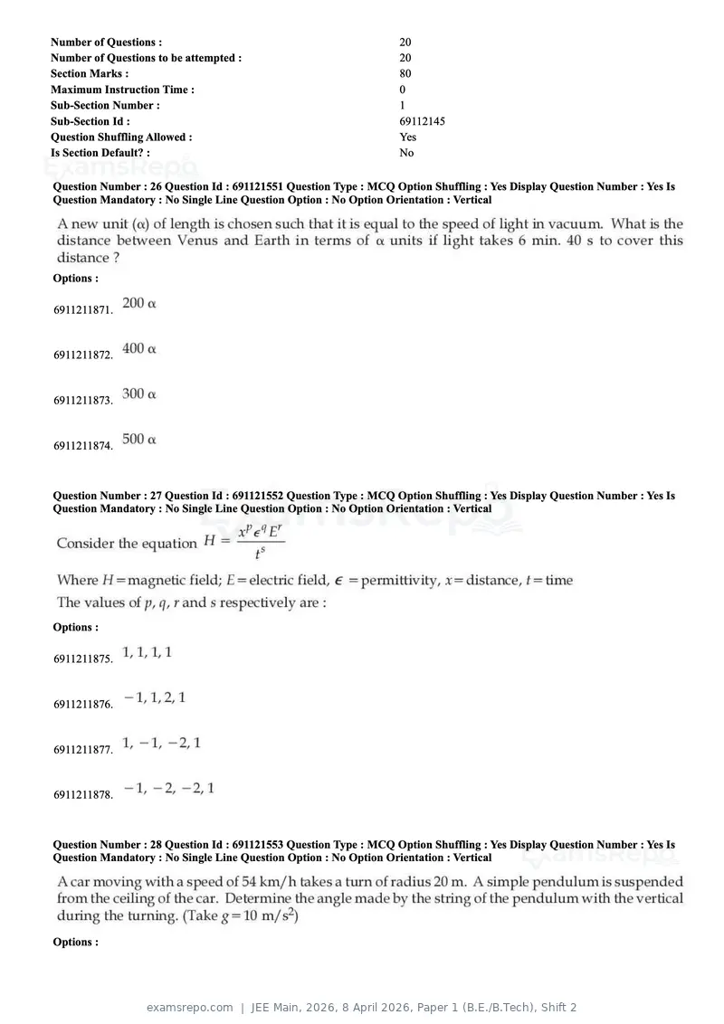 JEE Main 2026 question paper, 8 April 2026, Paper 1 (B.E./B.Tech), Shift 2, page 11 of 31