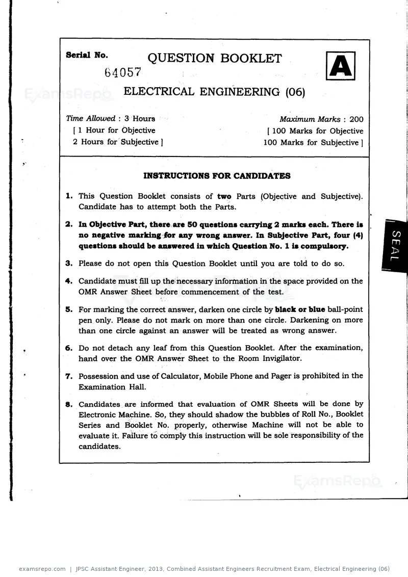 JPSC Assistant Engineer 2013 question paper, Combined Assistant Engineers Recruitment Exam, Electrical Engineering (06), page 1 of 16
