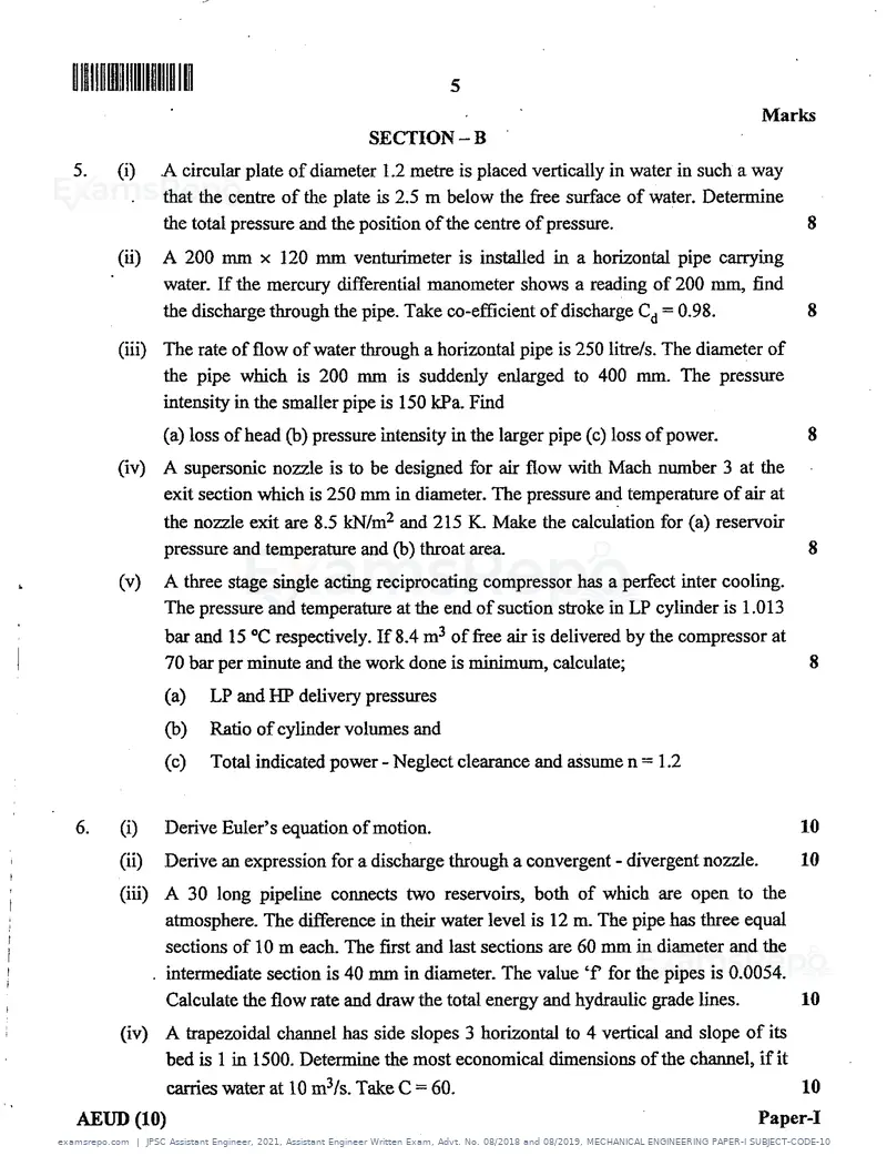 JPSC Assistant Engineer 2021 question paper, Assistant Engineer Written Exam, Advt. No. 08/2018 and 08/2019, MECHANICAL ENGINEERING PAPER-I SUBJECT-CODE-10, page 5 of 7