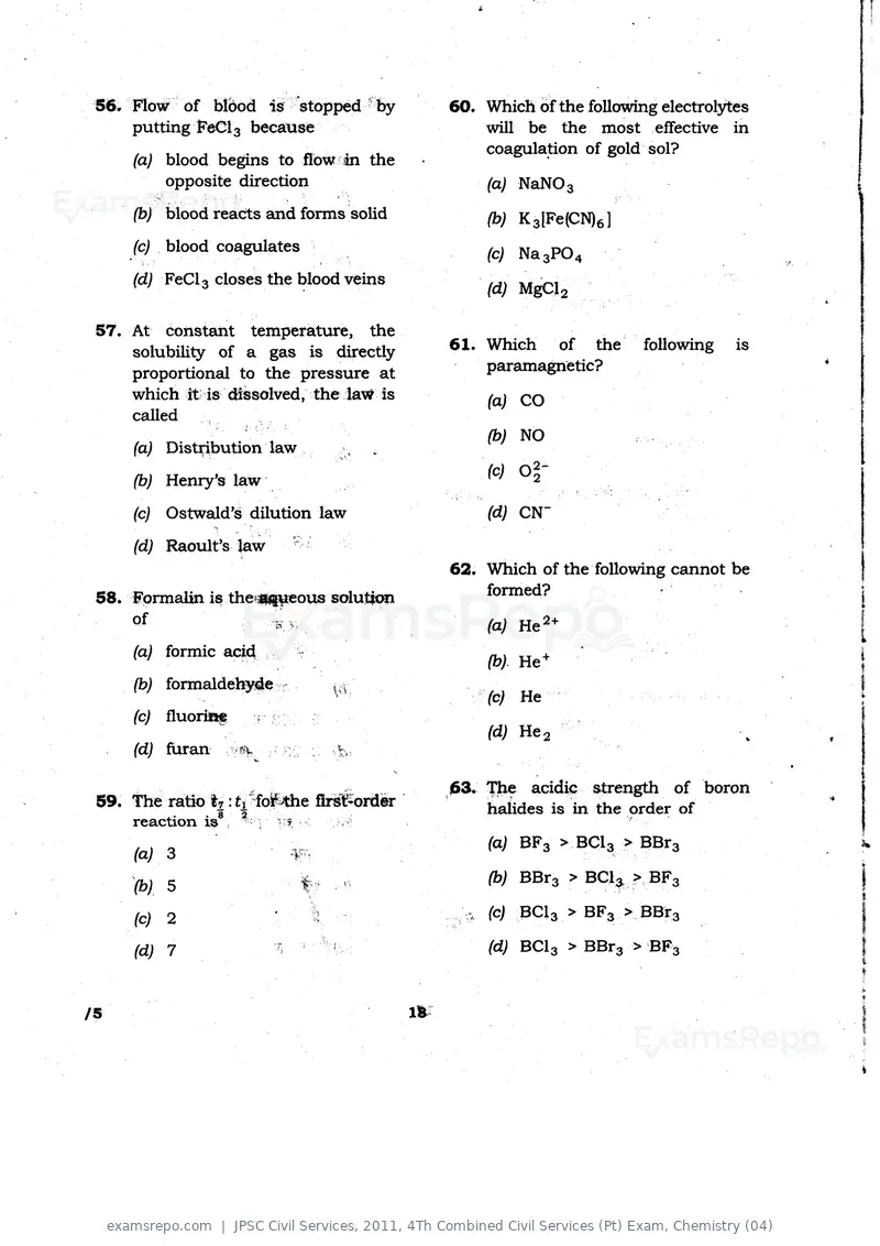 JPSC Civil Services 2011 question paper, 4Th Combined Civil Services (Pt) Exam, Chemistry (04), page 18 of 32