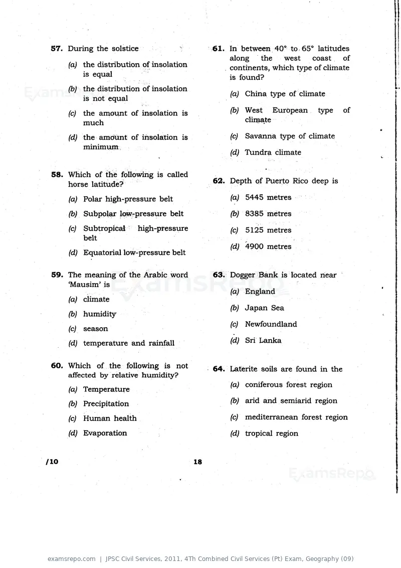 JPSC Civil Services 2011 question paper, 4Th Combined Civil Services (Pt) Exam, Geography (09), page 18 of 32