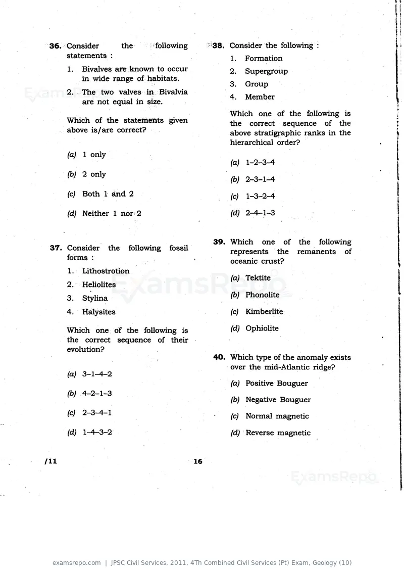 JPSC Civil Services 2011 question paper, 4Th Combined Civil Services (Pt) Exam, Geology (10), page 16 of 36