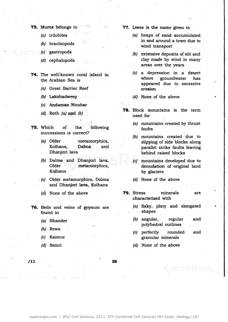 JPSC Civil Services 2011 question paper, 4Th Combined Civil Services (Pt) Exam, Geology (10), page 26 of 36
