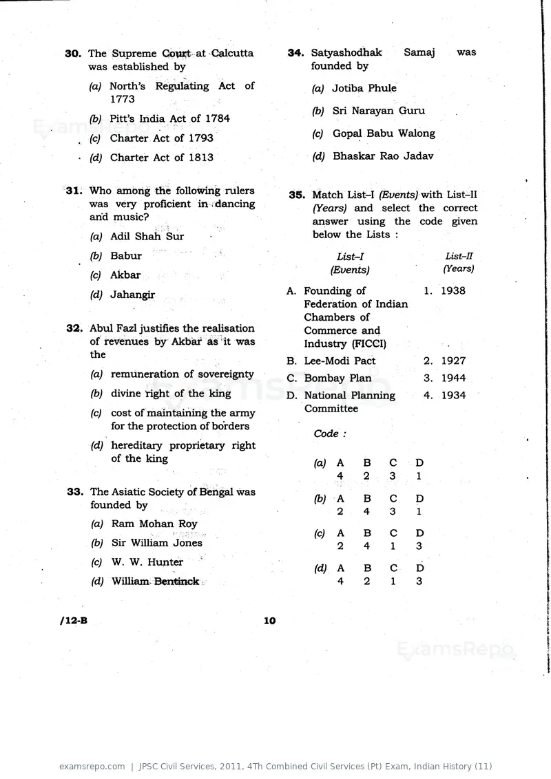 JPSC Civil Services 2011 question paper, 4Th Combined Civil Services (Pt) Exam, Indian History (11), page 10 of 32