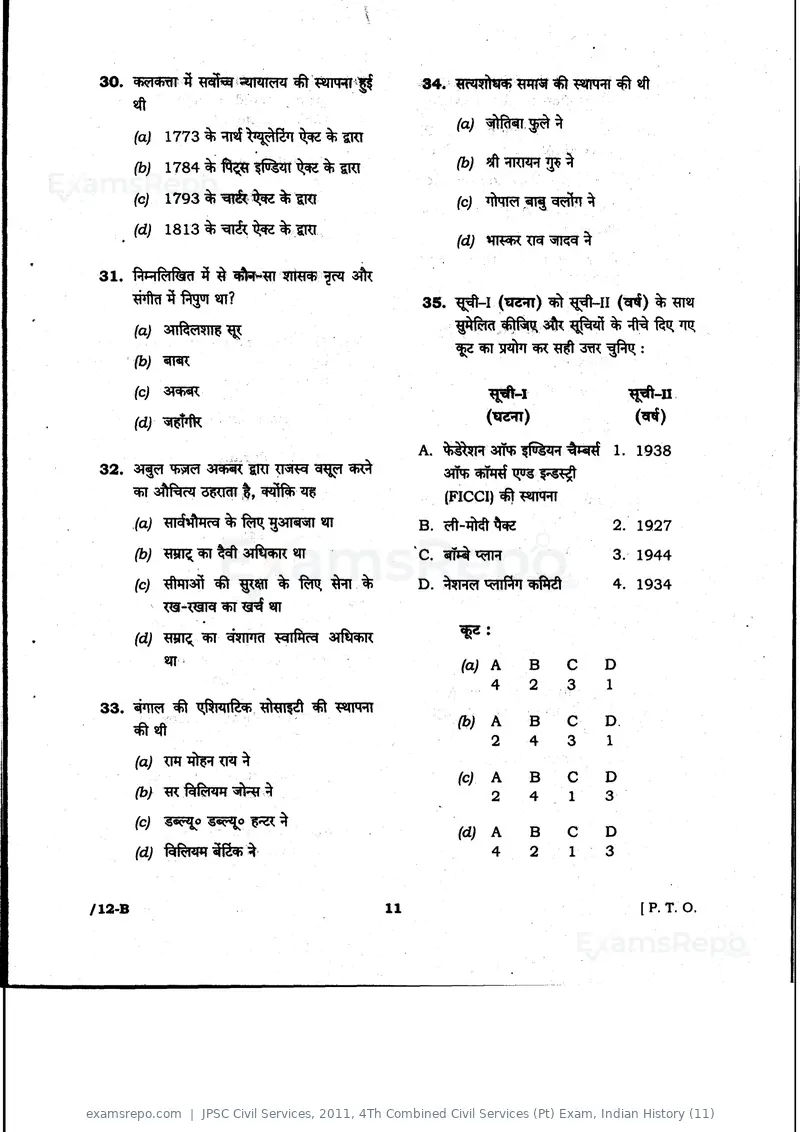 JPSC Civil Services 2011 question paper, 4Th Combined Civil Services (Pt) Exam, Indian History (11), page 11 of 32