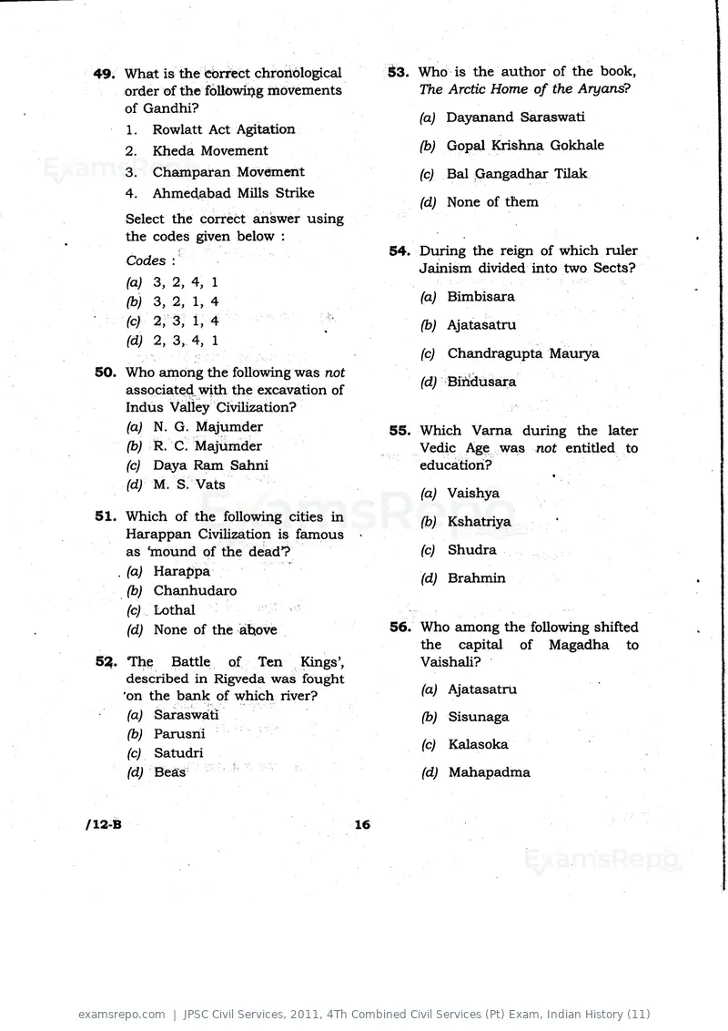JPSC Civil Services 2011 question paper, 4Th Combined Civil Services (Pt) Exam, Indian History (11), page 16 of 32