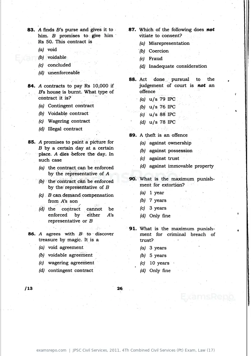 JPSC Civil Services 2011 question paper, 4Th Combined Civil Services (Pt) Exam, Law (17), page 26 of 32