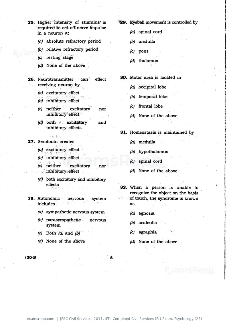 JPSC Civil Services 2011 question paper, 4Th Combined Civil Services (Pt) Exam, Psychology (23), page 8 of 32