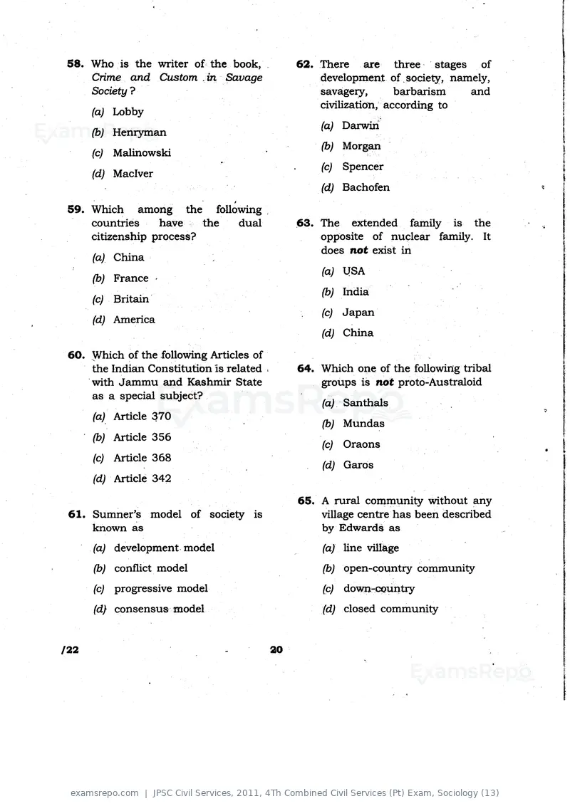 JPSC Civil Services 2011 question paper, 4Th Combined Civil Services (Pt) Exam, Sociology (13), page 20 of 32