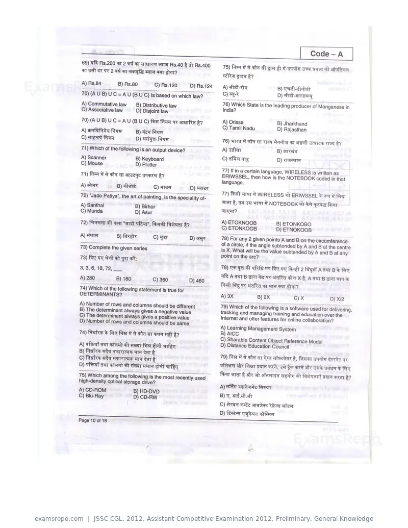 JSSC CGL 2012 question paper, Assistant Competitive Examination 2012, Preliminary, General Knowledge, page 10 of 16