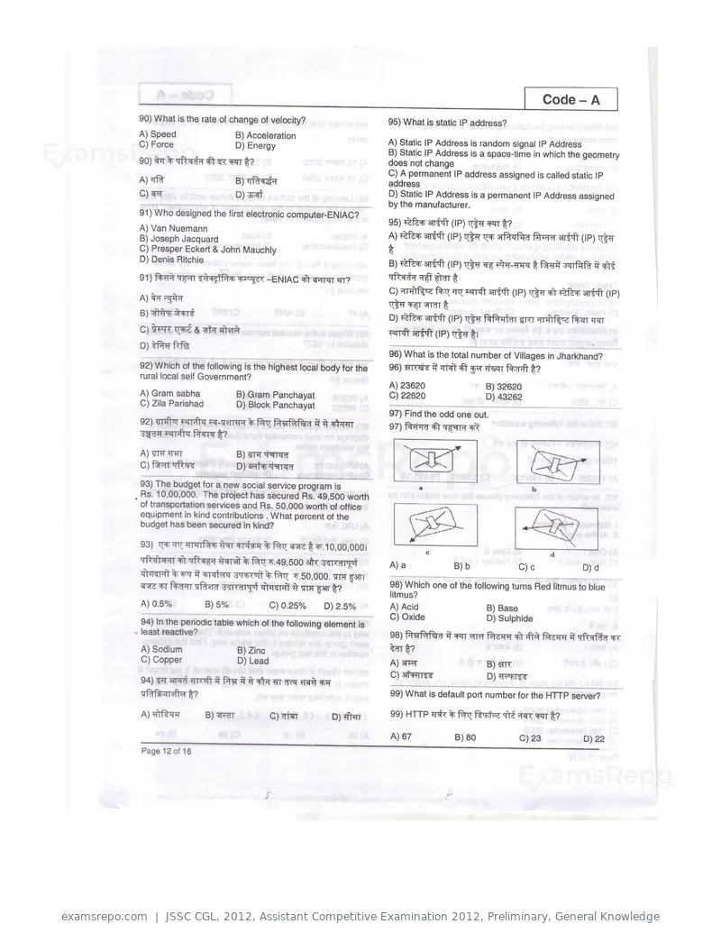 JSSC CGL 2012 question paper, Assistant Competitive Examination 2012, Preliminary, General Knowledge, page 12 of 16