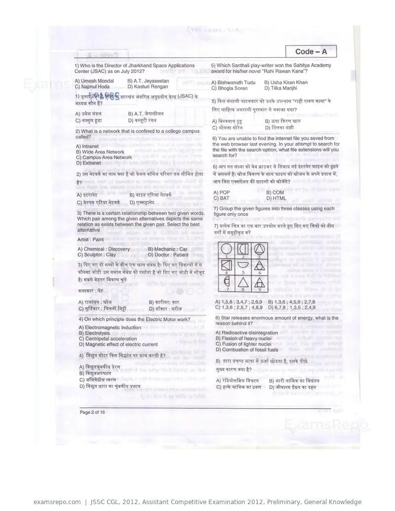 JSSC CGL 2012 question paper, Assistant Competitive Examination 2012, Preliminary, General Knowledge, page 2 of 16