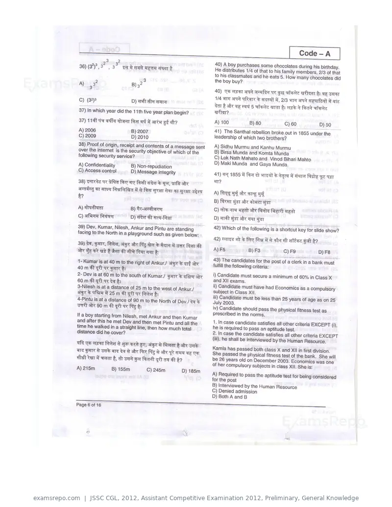 JSSC CGL 2012 question paper, Assistant Competitive Examination 2012, Preliminary, General Knowledge, page 6 of 16