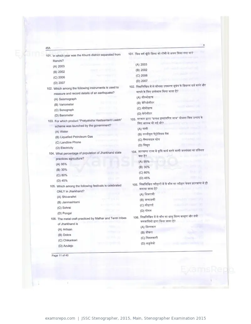 JSSC Stenographer 2015 question paper, Main, Stenographer Examination 2015, page 11 of 40