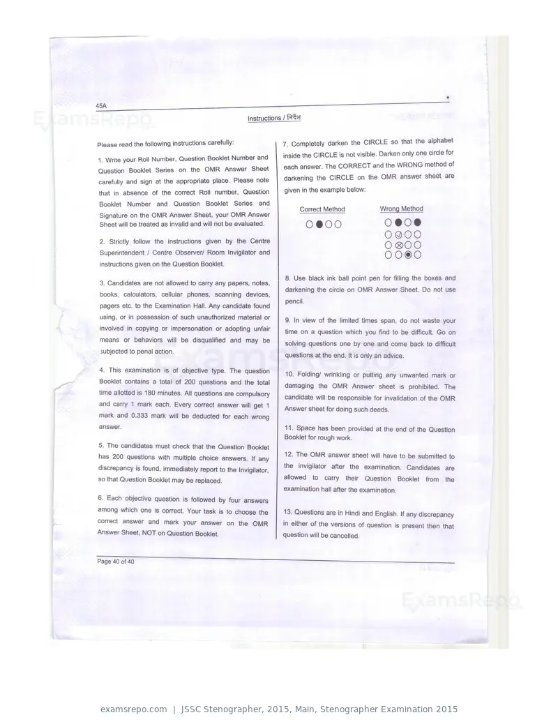 JSSC Stenographer 2015 question paper, Main, Stenographer Examination 2015, page 40 of 40