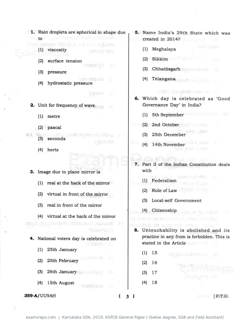 Karnataka SDA 2019 question paper, KSPCB General Paper I (below degree, SDA and Field Assistant), page 3 of 32