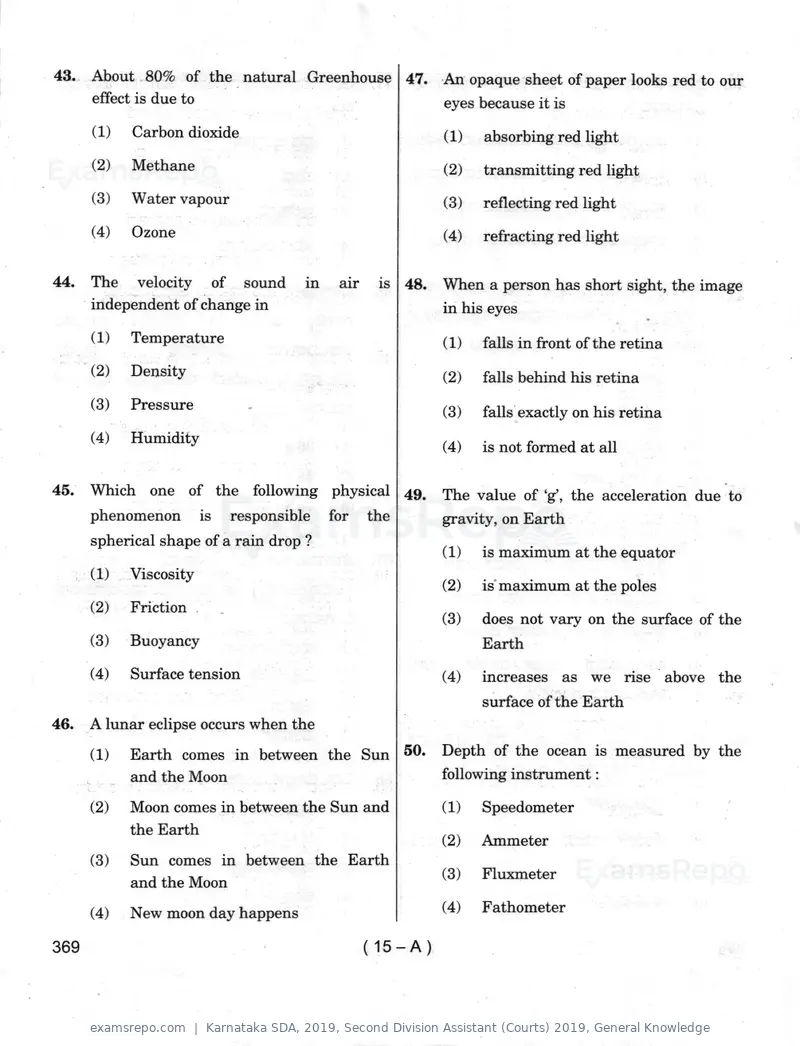 Karnataka SDA 2019 question paper, Second Division Assistant (Courts) 2019, General Knowledge, page 15 of 32