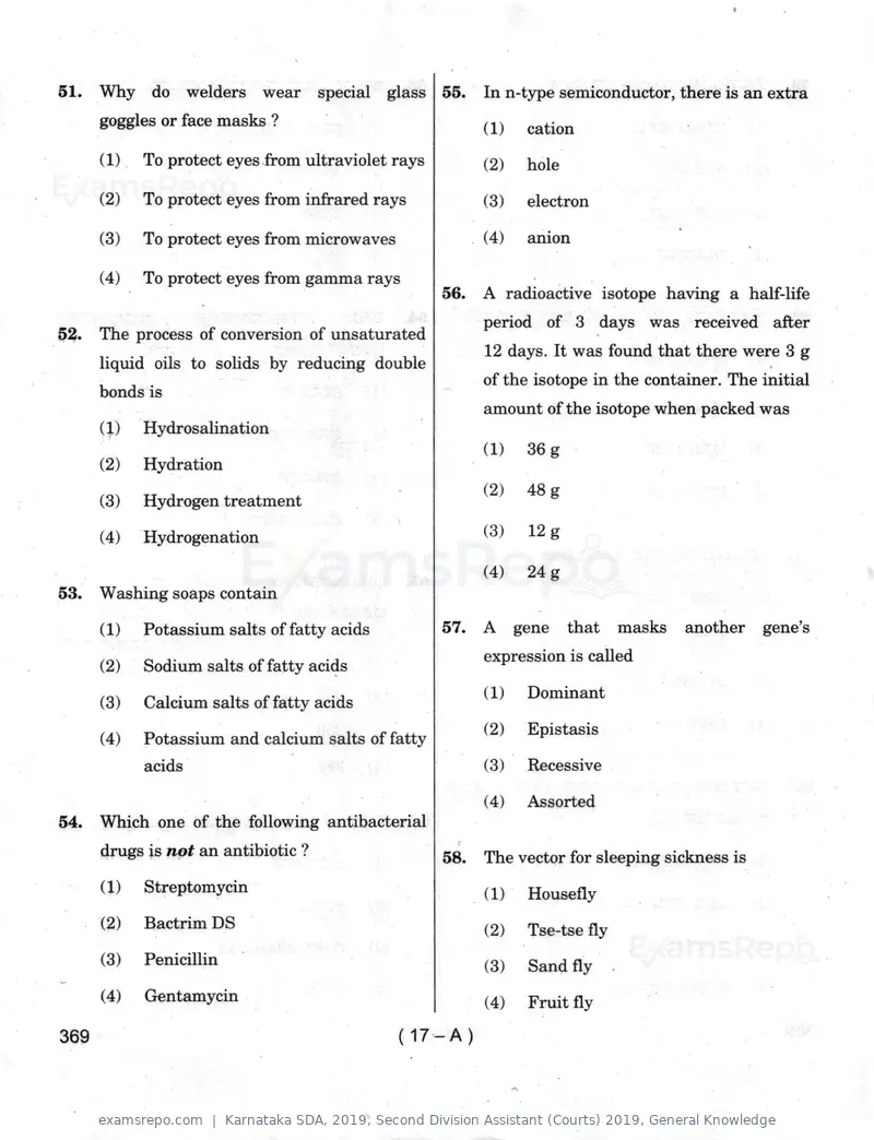 Karnataka SDA 2019 question paper, Second Division Assistant (Courts) 2019, General Knowledge, page 17 of 32