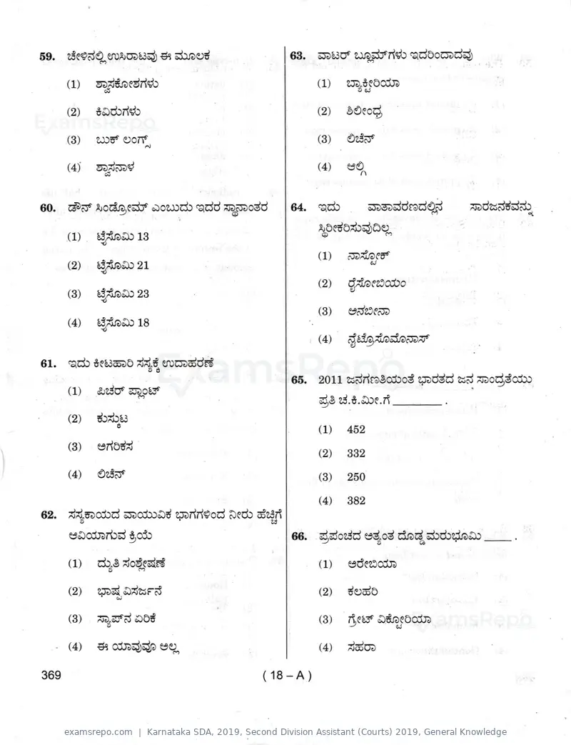 Karnataka SDA 2019 question paper, Second Division Assistant (Courts) 2019, General Knowledge, page 18 of 32