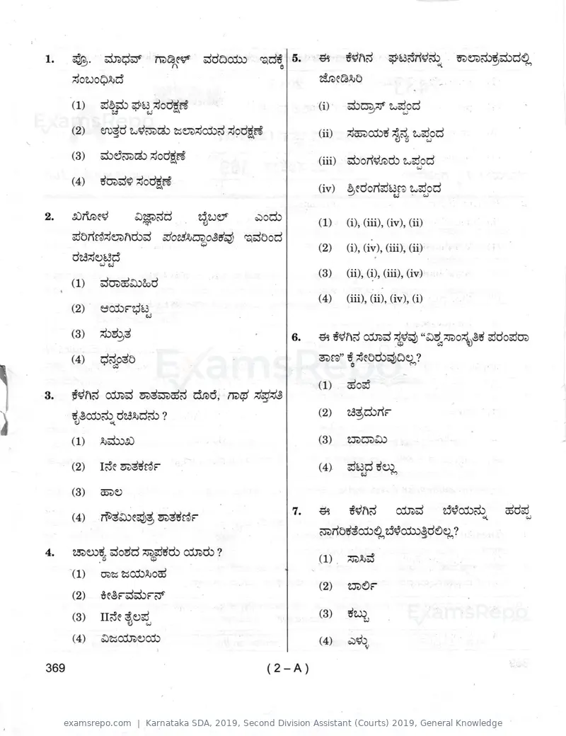 Karnataka SDA 2019 question paper, Second Division Assistant (Courts) 2019, General Knowledge, page 2 of 32