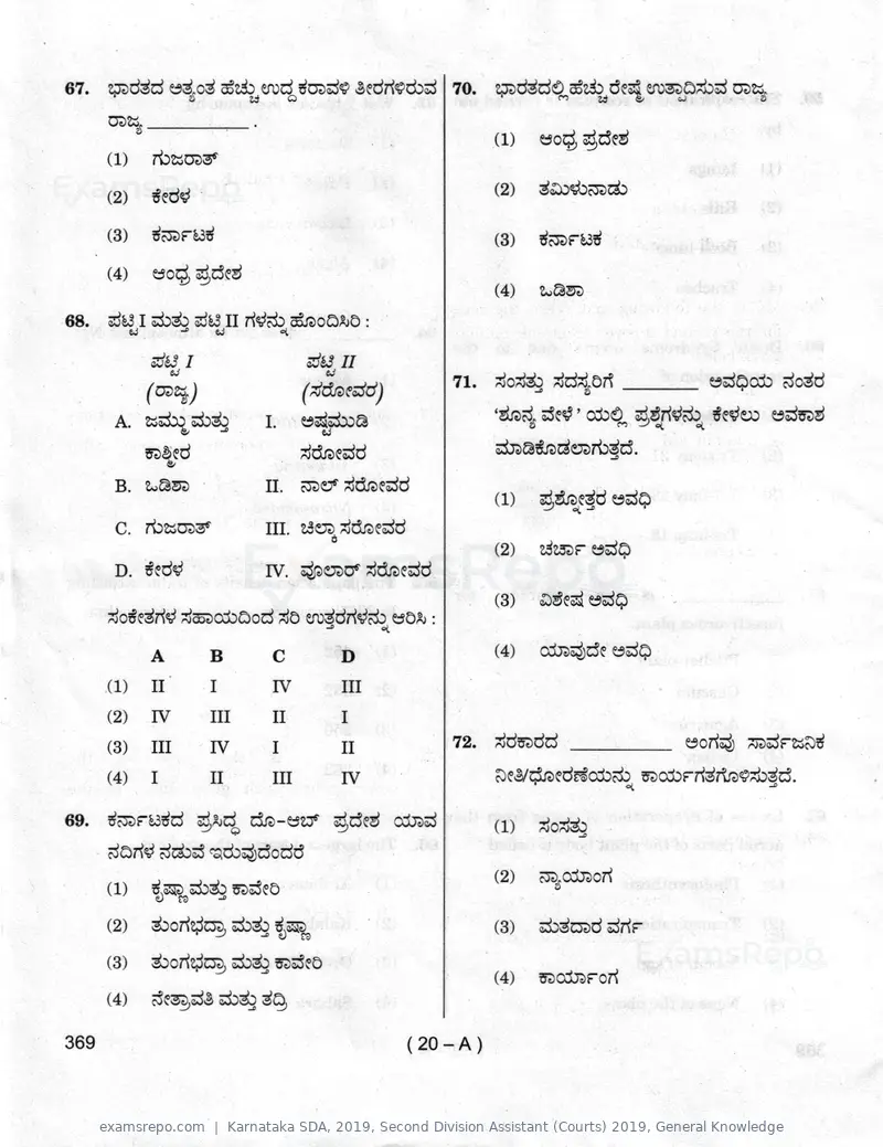 Karnataka SDA 2019 question paper, Second Division Assistant (Courts) 2019, General Knowledge, page 20 of 32