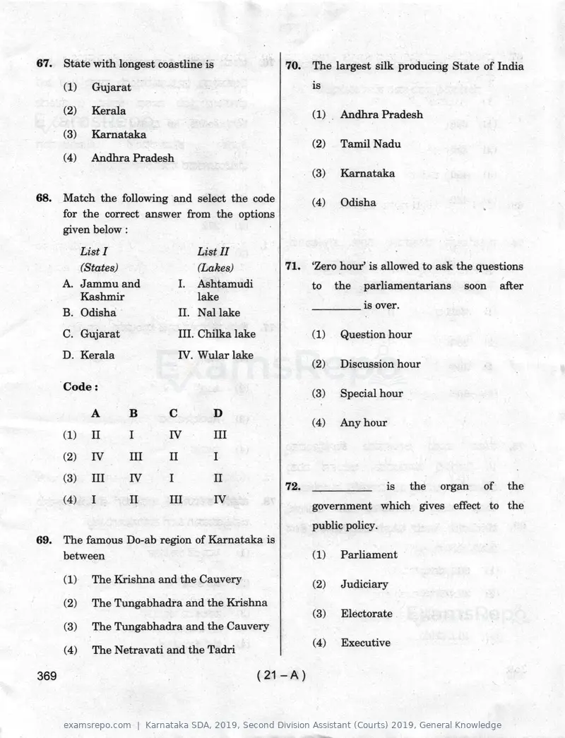 Karnataka SDA 2019 question paper, Second Division Assistant (Courts) 2019, General Knowledge, page 21 of 32