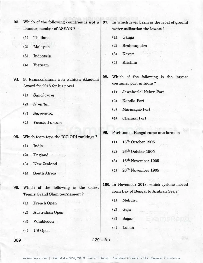 Karnataka SDA 2019 question paper, Second Division Assistant (Courts) 2019, General Knowledge, page 29 of 32