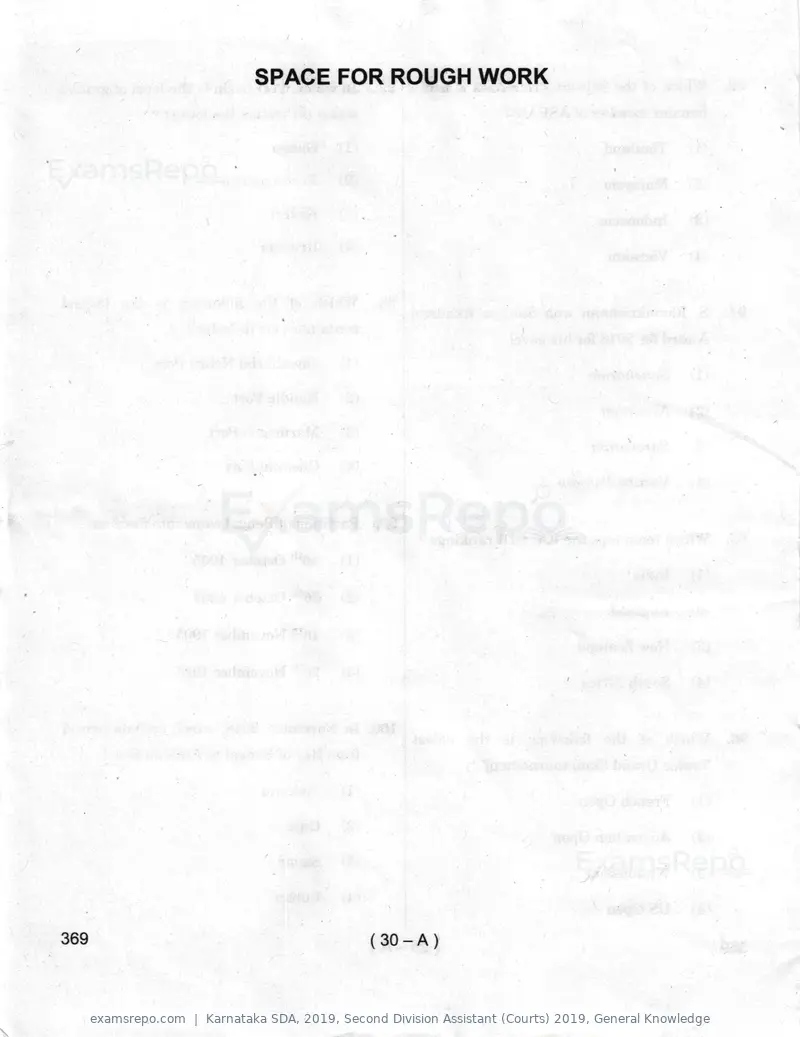 Karnataka SDA 2019 question paper, Second Division Assistant (Courts) 2019, General Knowledge, page 30 of 32
