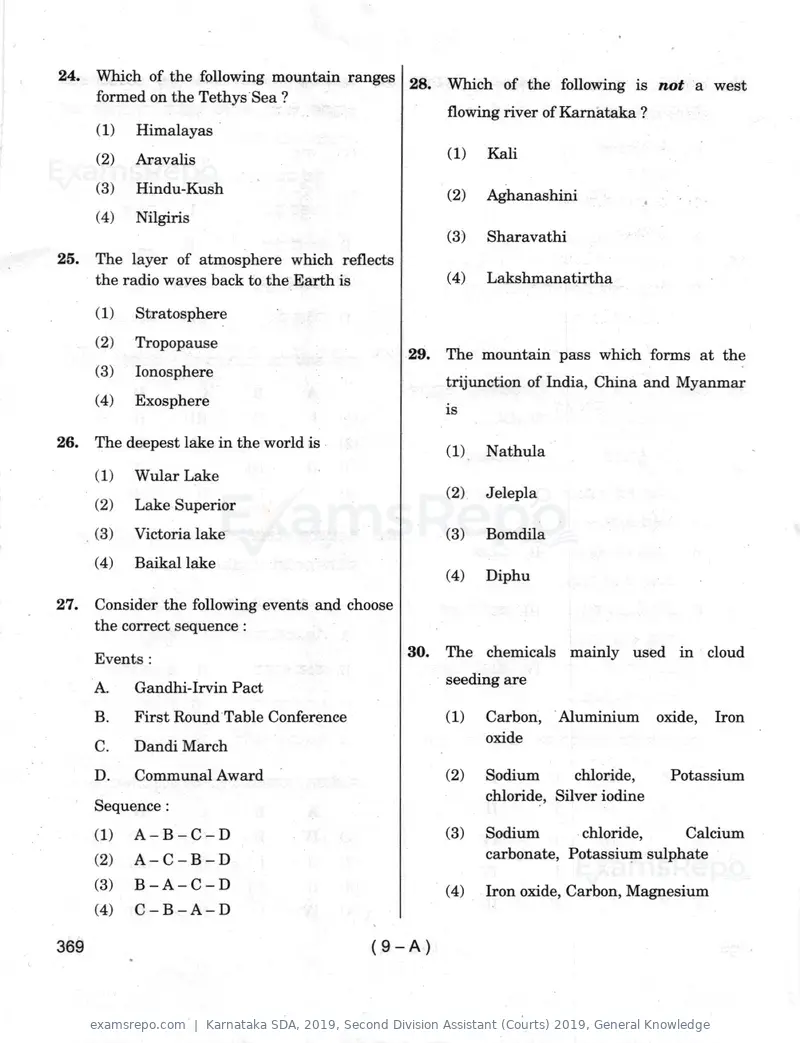 Karnataka SDA 2019 question paper, Second Division Assistant (Courts) 2019, General Knowledge, page 9 of 32
