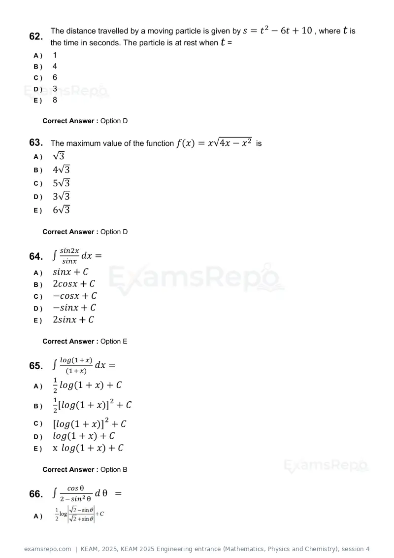 KEAM 2025 question paper, KEAM 2025 Engineering entrance (Mathematics, Physics and Chemistry), session 4, page 16 of 36