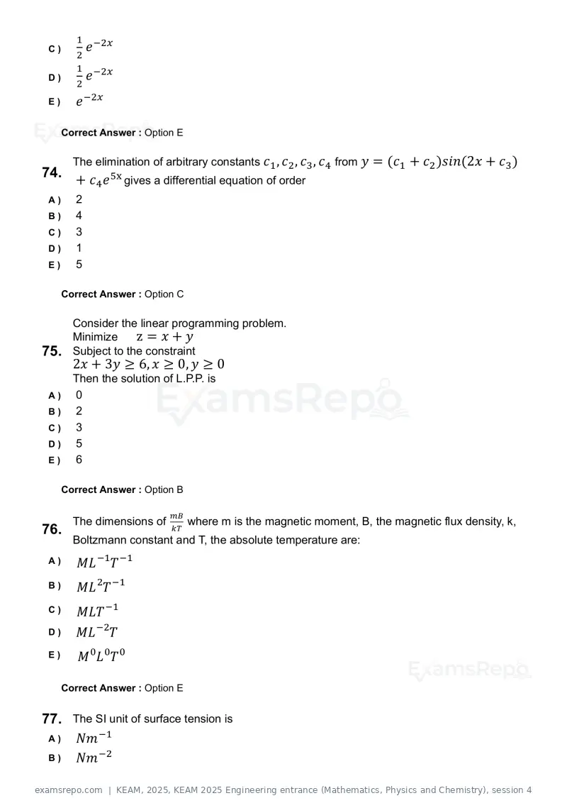 KEAM 2025 question paper, KEAM 2025 Engineering entrance (Mathematics, Physics and Chemistry), session 4, page 19 of 36