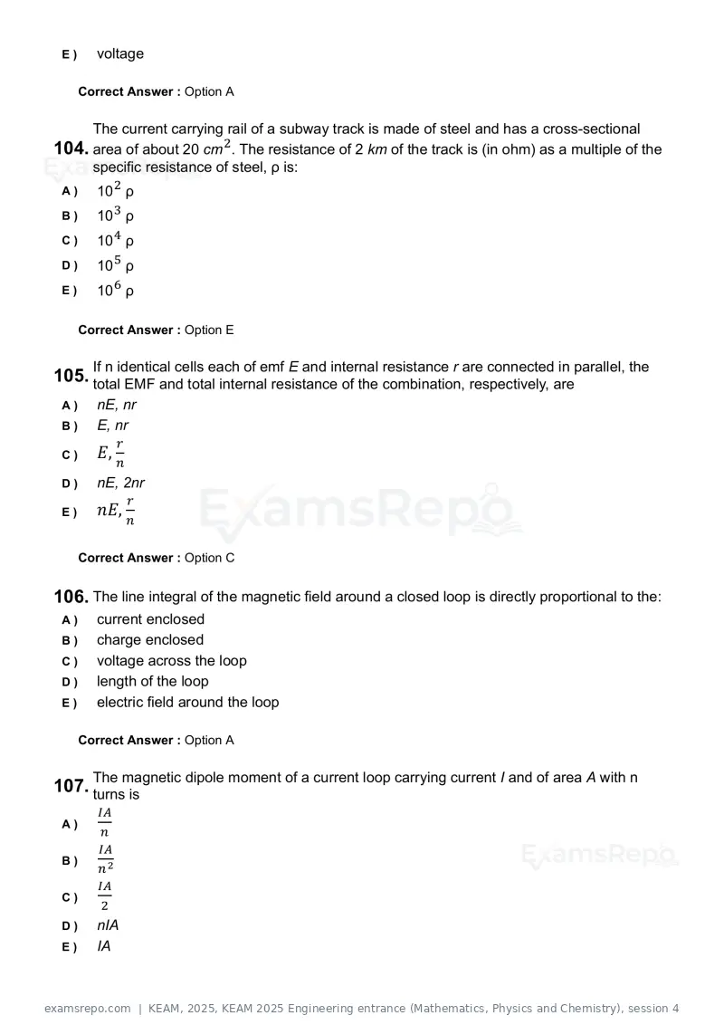 KEAM 2025 question paper, KEAM 2025 Engineering entrance (Mathematics, Physics and Chemistry), session 4, page 26 of 36