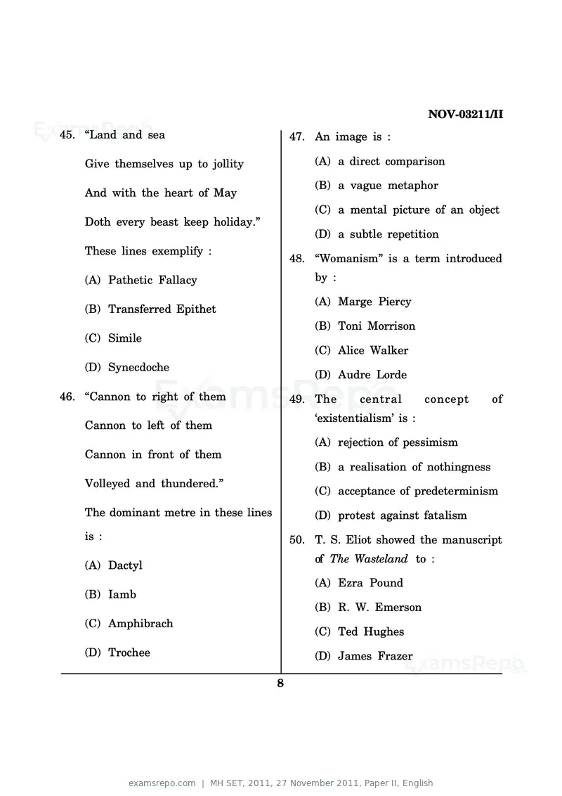 MH SET 2011 question paper, 27 November 2011, Paper II, English, page 8 of 10