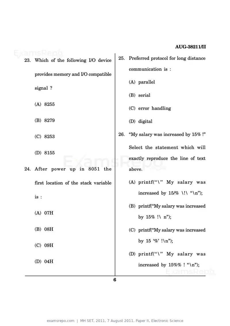 MH SET 2011 question paper, 7 August 2011, Paper II, Electronic Science, page 6 of 14