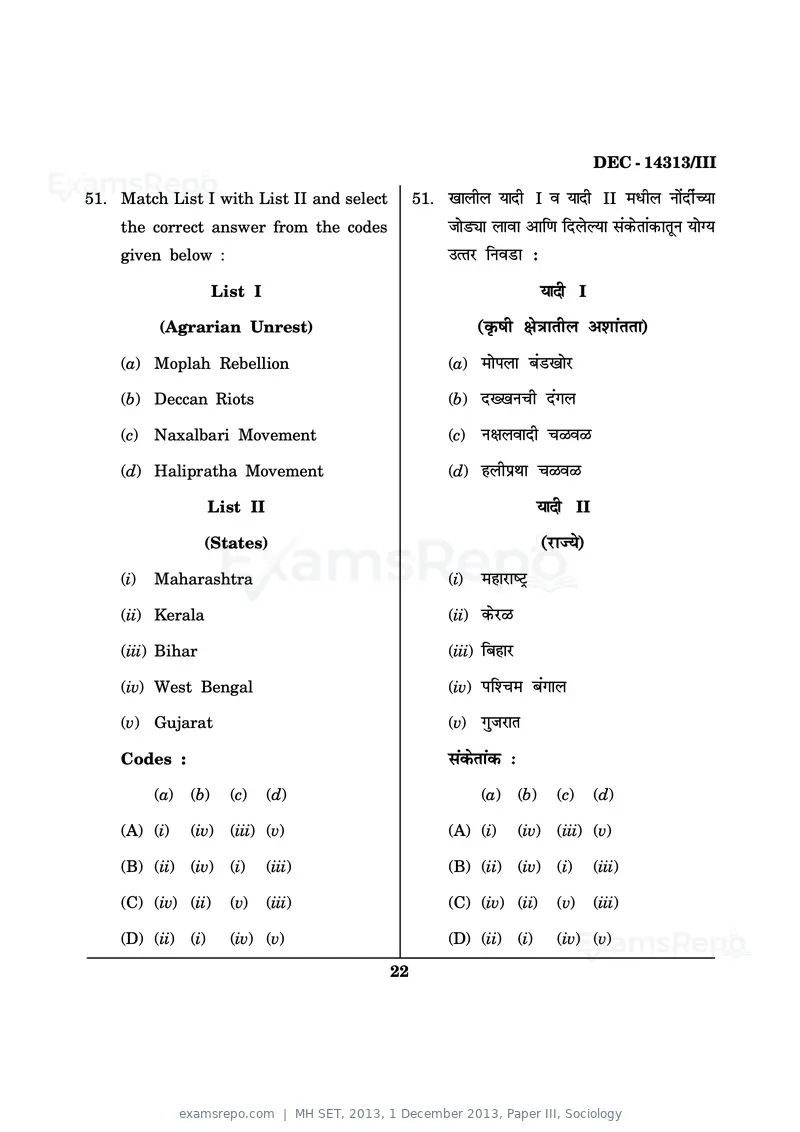 MH SET 2013 question paper, 1 December 2013, Paper III, Sociology, page 22 of 36