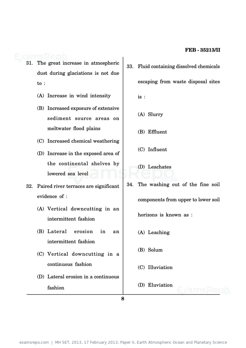 MH SET 2013 question paper, 17 February 2013, Paper II, Earth Atmospheric Ocean and Planetary Science, page 8 of 13