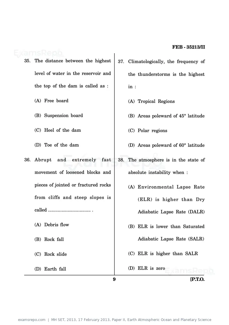 MH SET 2013 question paper, 17 February 2013, Paper II, Earth Atmospheric Ocean and Planetary Science, page 9 of 13