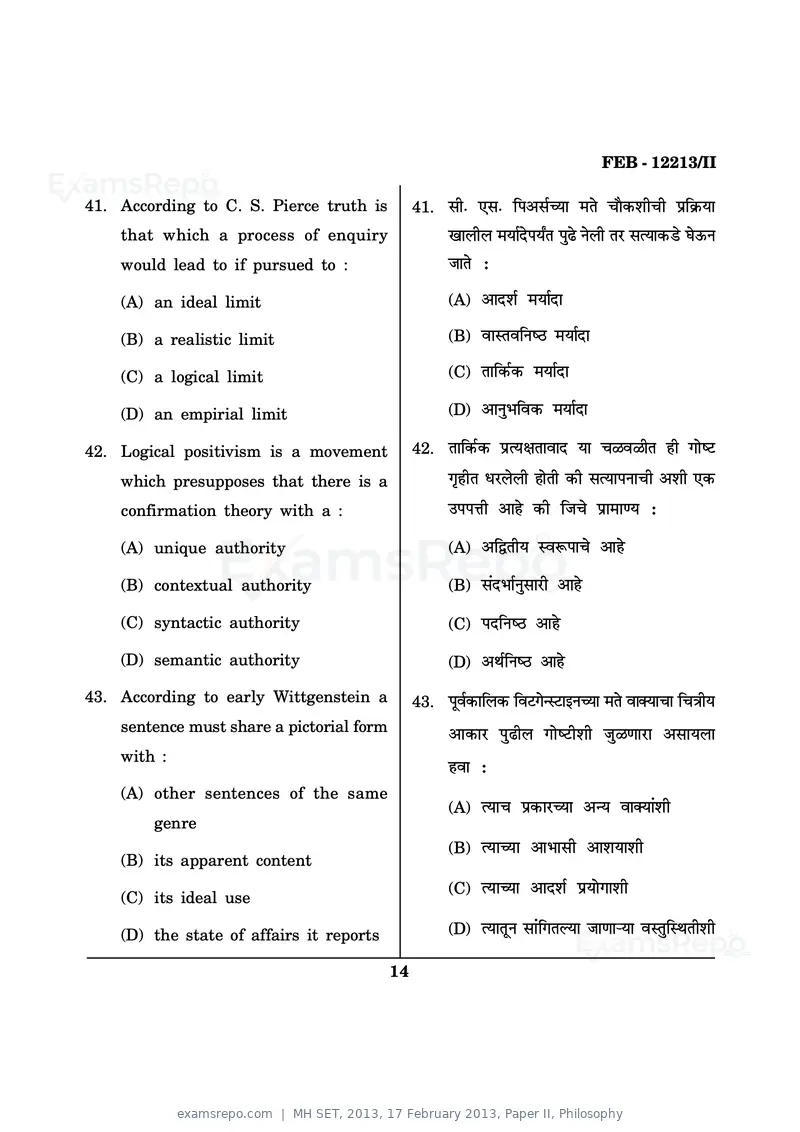 MH SET 2013 question paper, 17 February 2013, Paper II, Philosophy, page 14 of 18