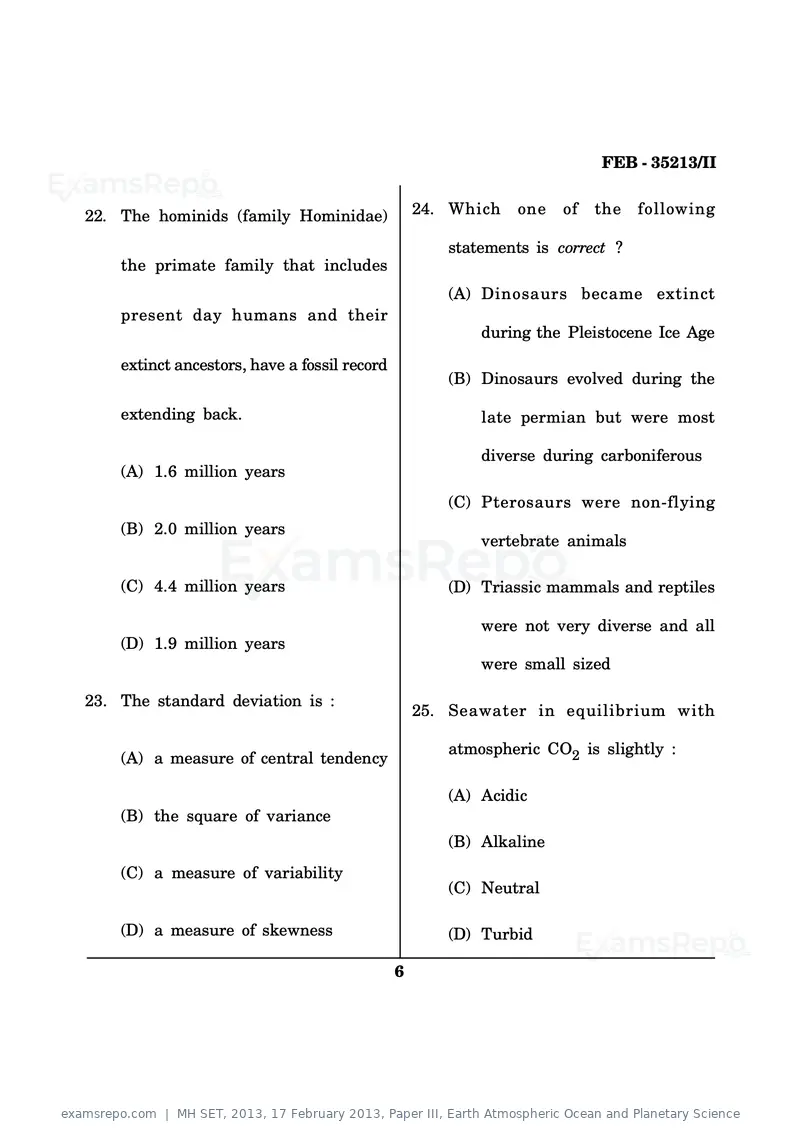 MH SET 2013 question paper, 17 February 2013, Paper III, Earth Atmospheric Ocean and Planetary Science, page 6 of 13