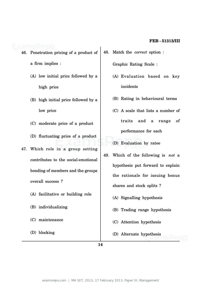 MH SET 2013 question paper, 17 February 2013, Paper III, Management, page 14 of 23